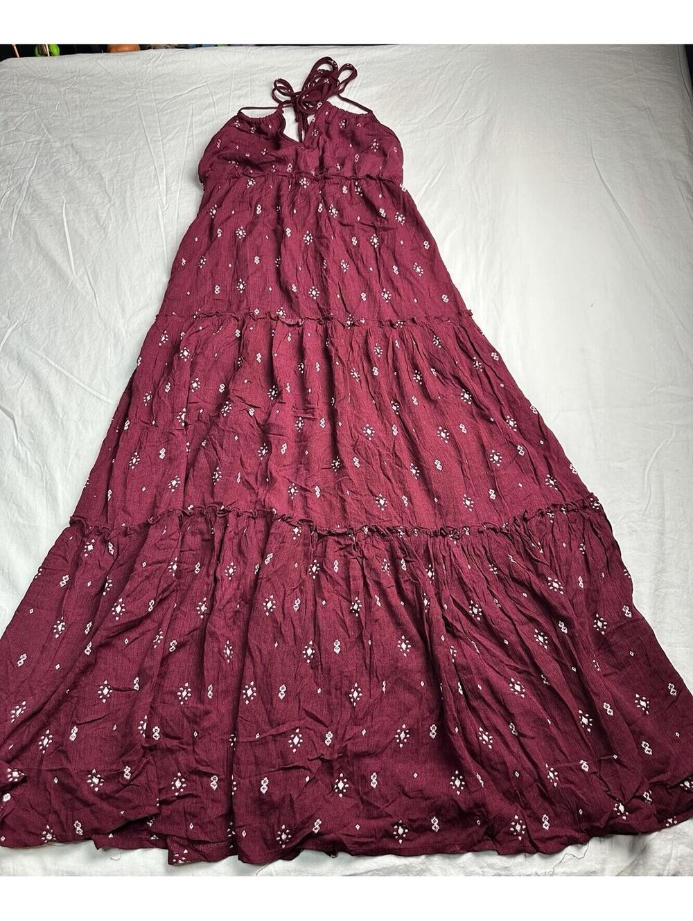 🌺 BONGO Halter Maxi Dress Women’s S Tiered Boho Print Burgundy 09-17 🌺 - Picture 2 of 10